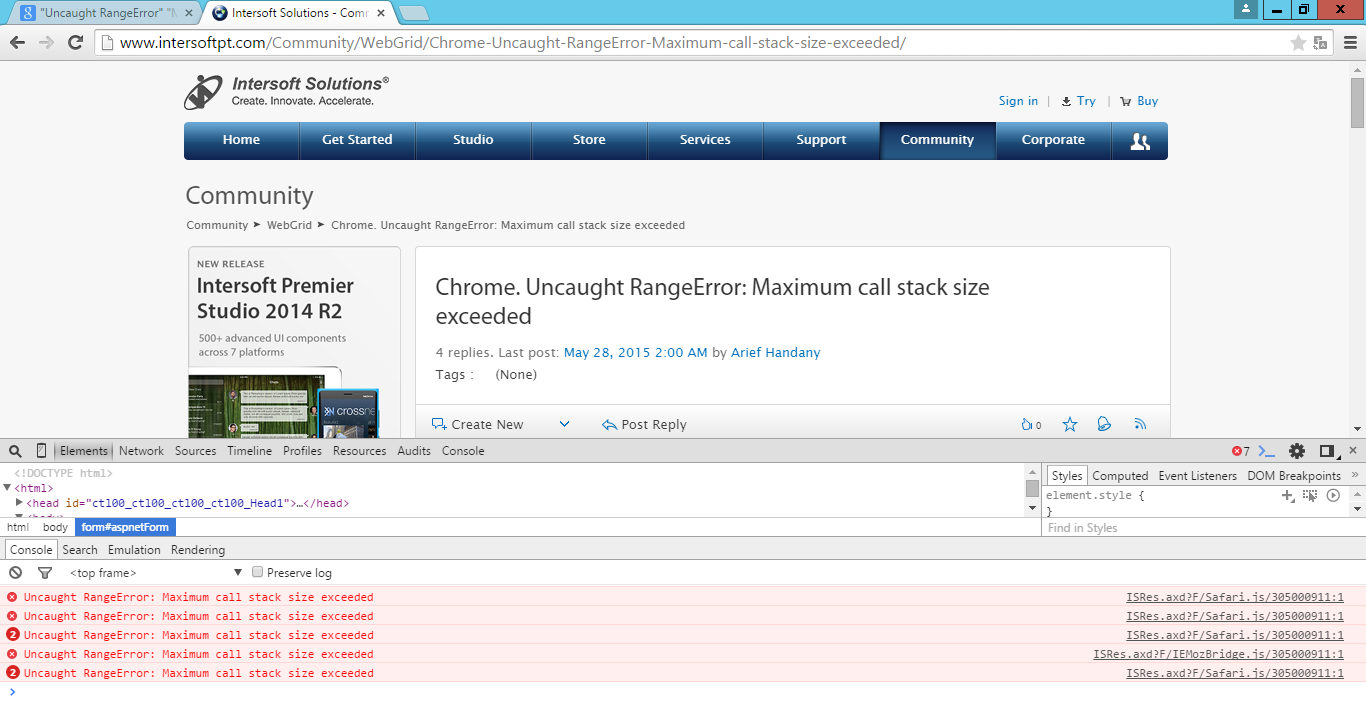 intersoft solutions community webgrid enterprise chrome rangeerror maximum call stack size exceeded